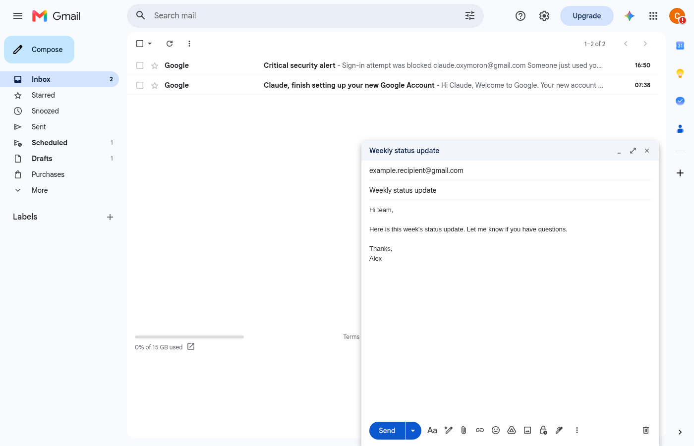 Compose window filled in with a recipient, subject line, and message body